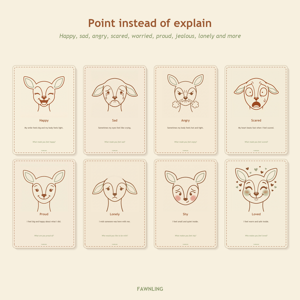Sixteen printable feeling cards showing Lumo the fawn expressing each emotion