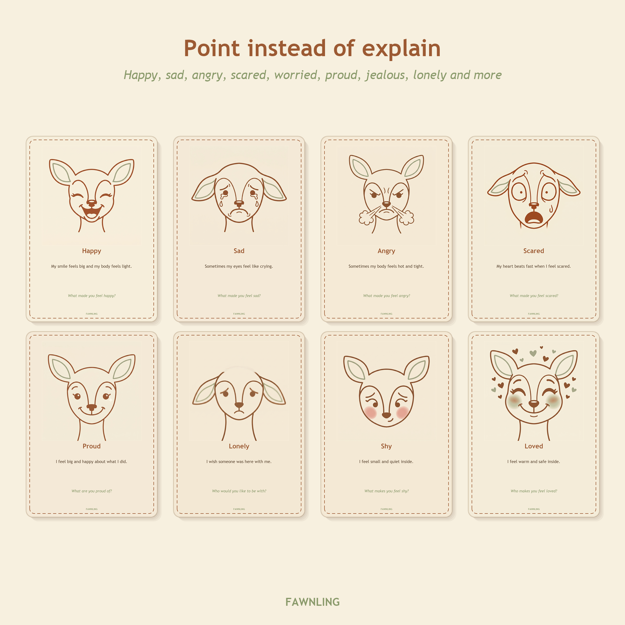 Sixteen printable feeling cards showing Lumo the fawn expressing each emotion