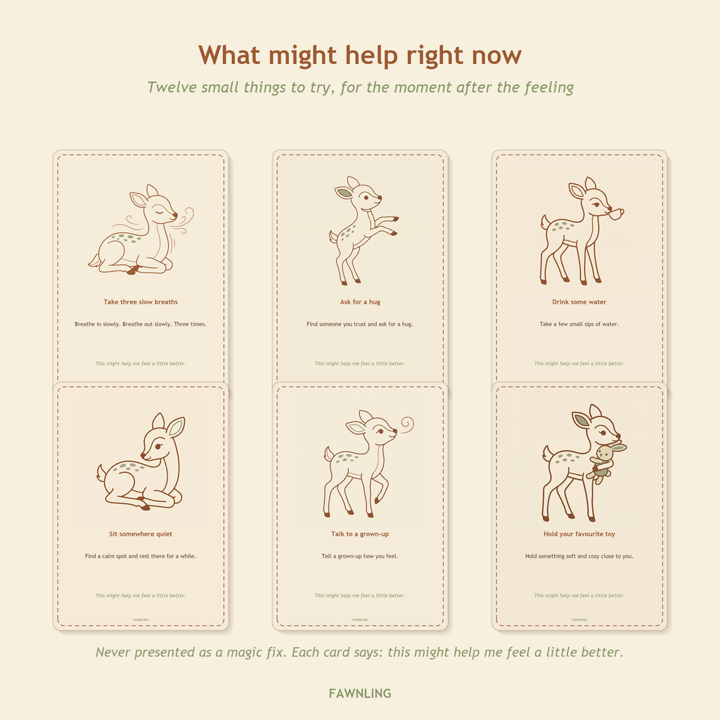 Twelve calming choice cards showing simple things to try when a feeling gets big