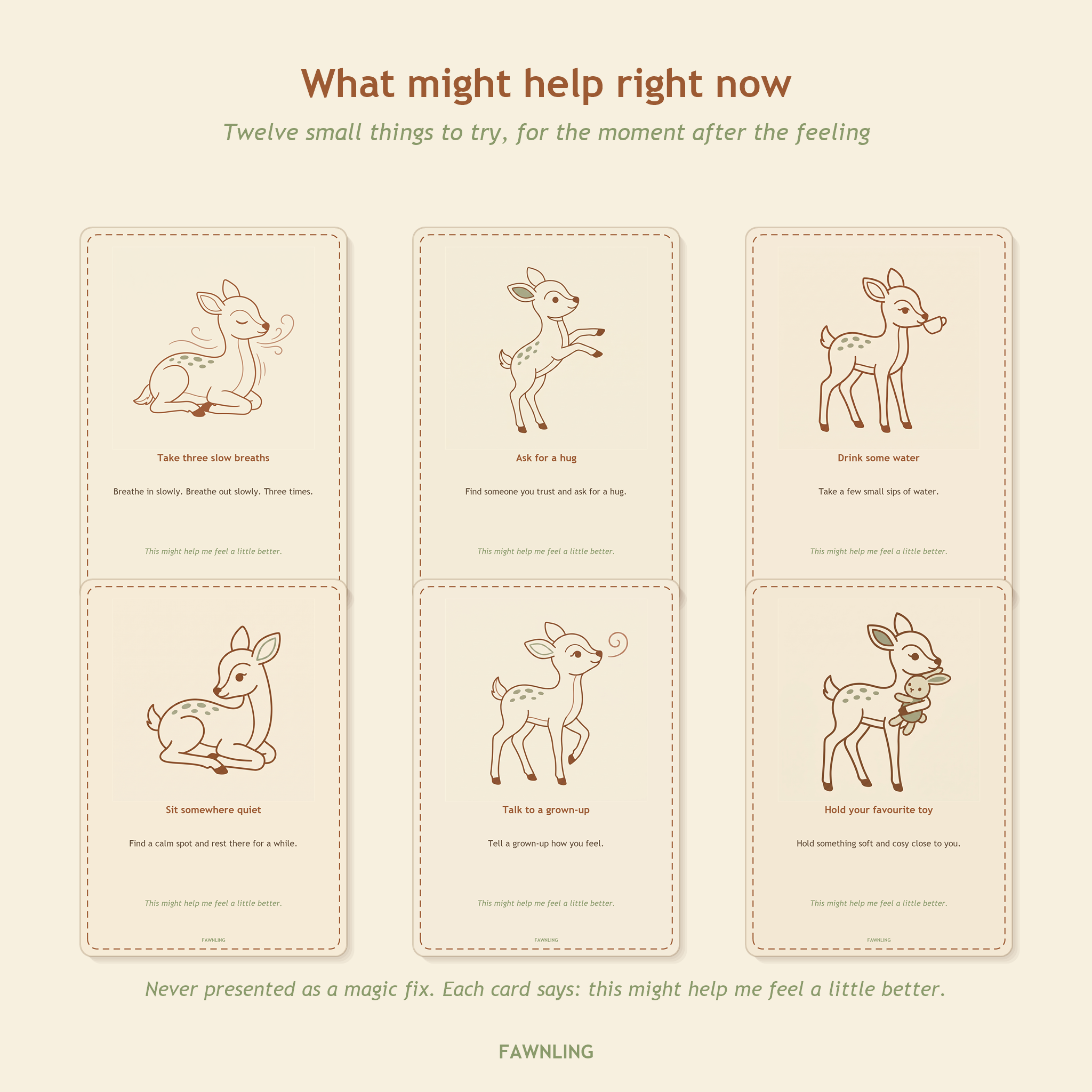 Twelve calming choice cards showing simple things to try when a feeling gets big