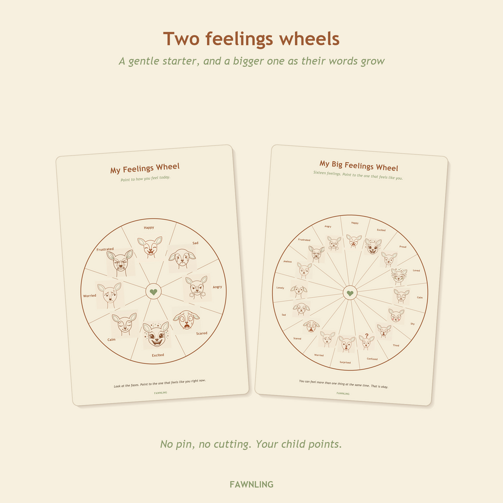 Two printable feelings wheels, one with eight feelings and one with all sixteen