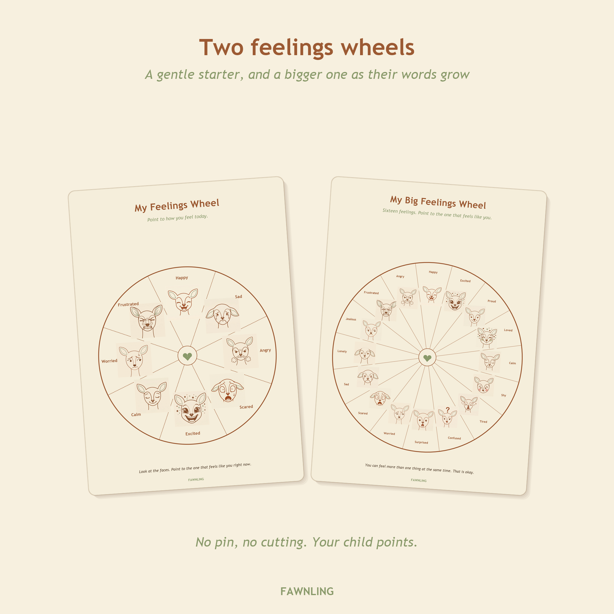 Two printable feelings wheels, one with eight feelings and one with all sixteen