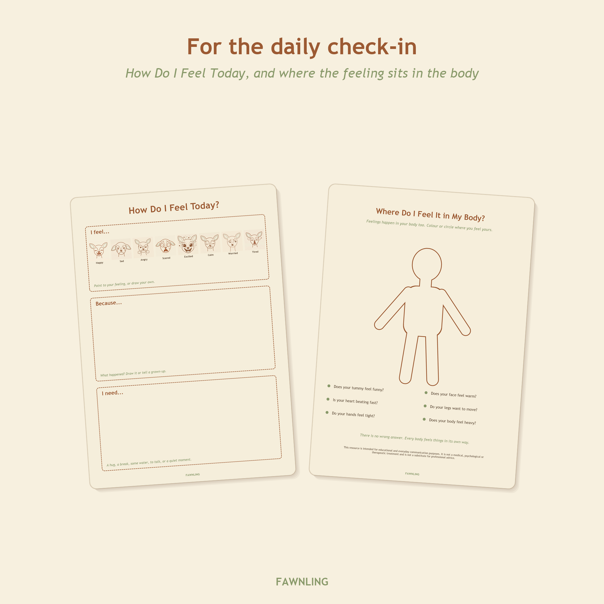 Daily feelings check-in board and where do I feel it in my body page
