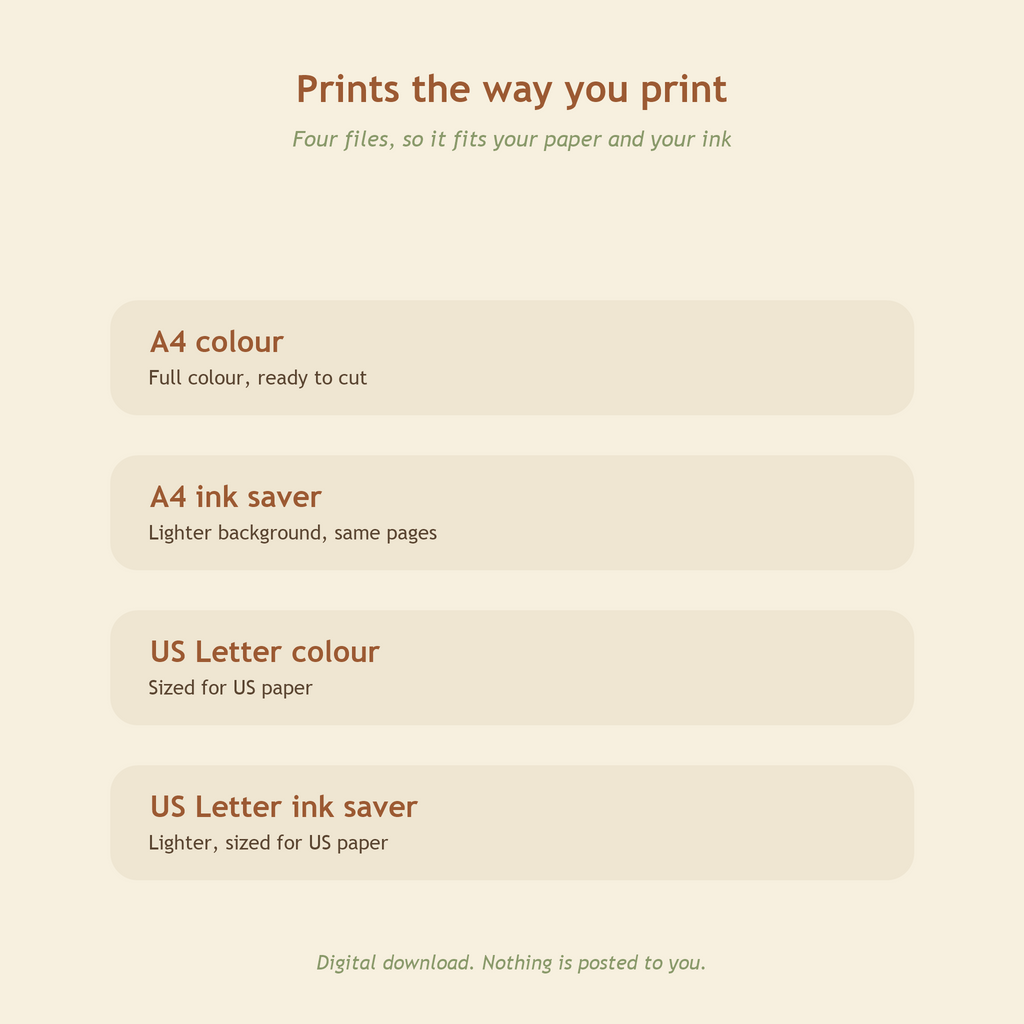 Prints on A4 and US Letter, in full colour or an ink saver version
