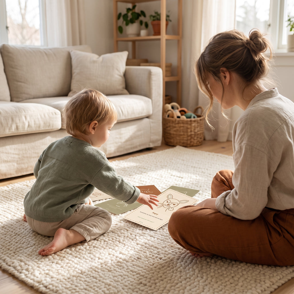 A parent and child sitting on the floor together with the feeling cards laid out between them