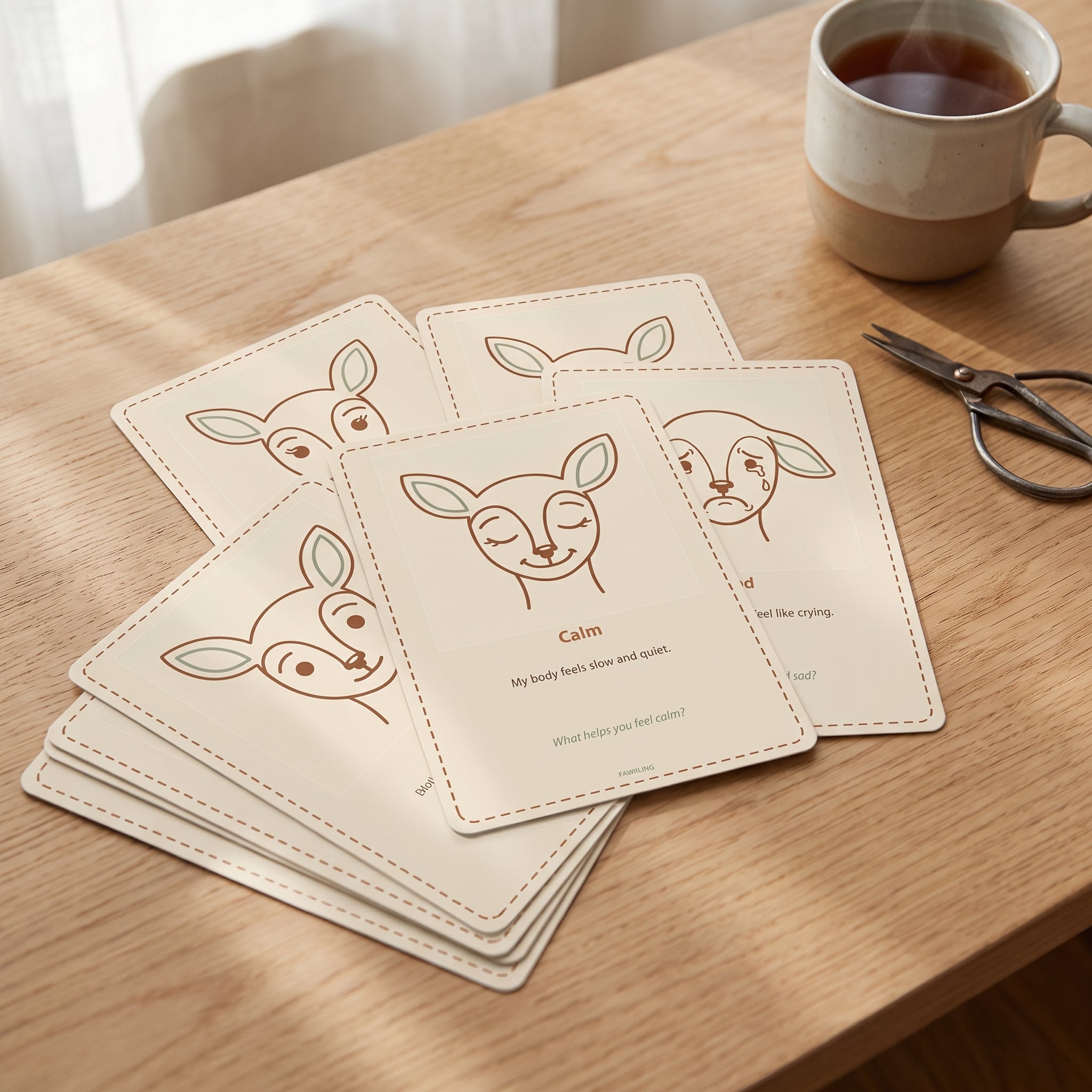 Printed feeling cards spread across a wooden table with a mug of tea