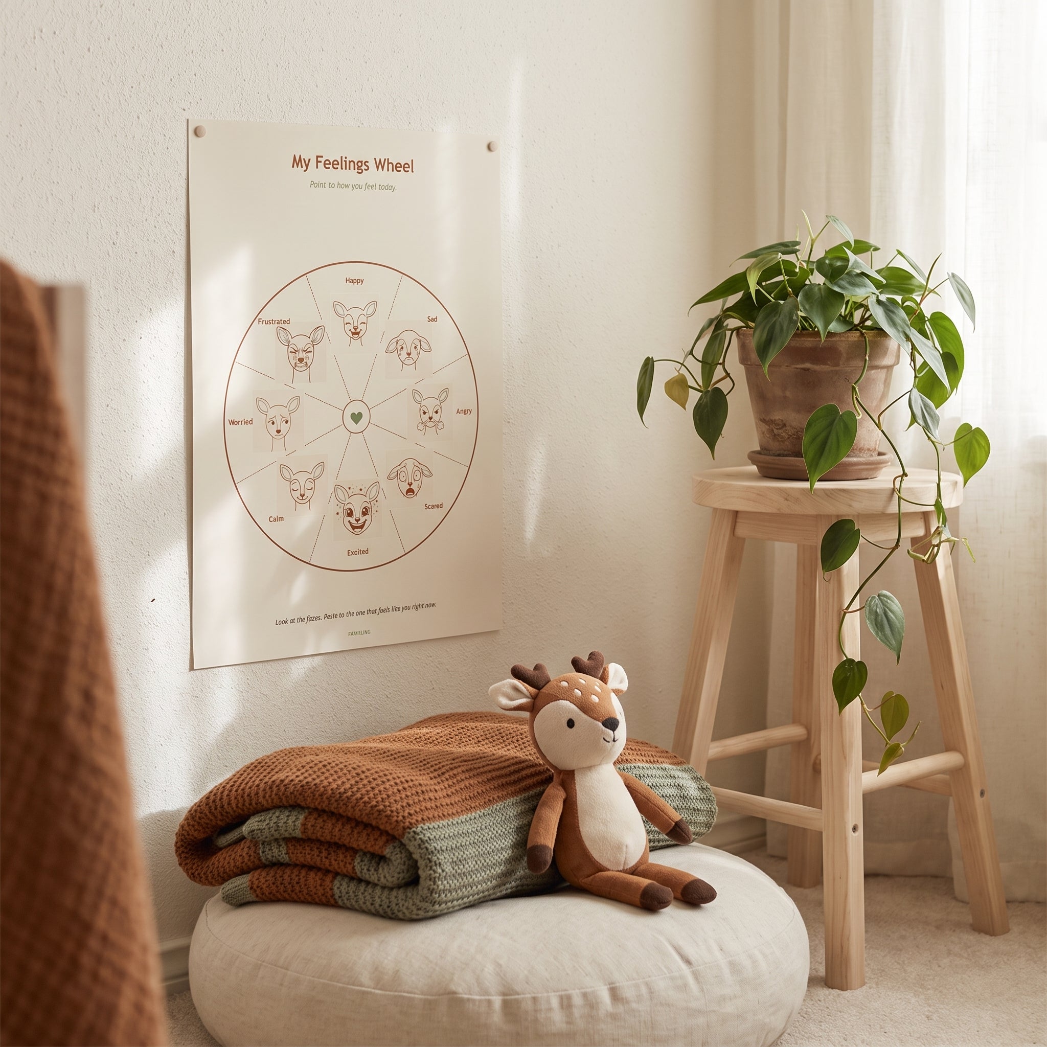 A child's calm corner with the feelings wheel printed and pinned to the wall