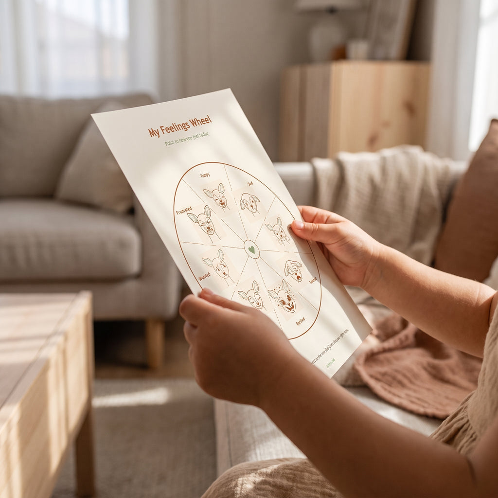 Small hands holding the printed feelings wheel