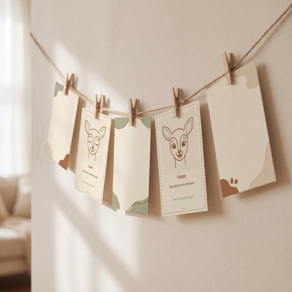Feeling cards hung on twine with small wooden pegs against a pale wall