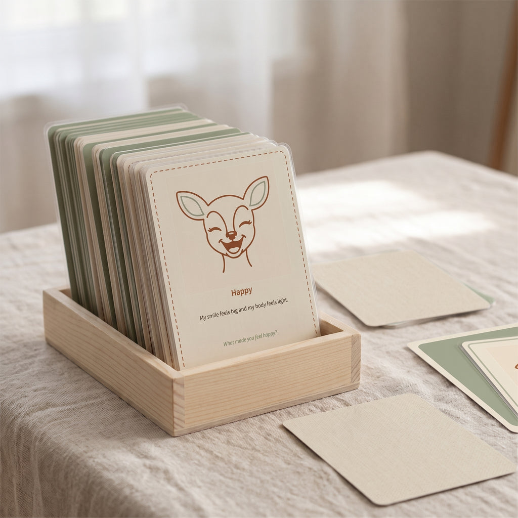 Printed and laminated feeling cards stored upright in a small wooden tray