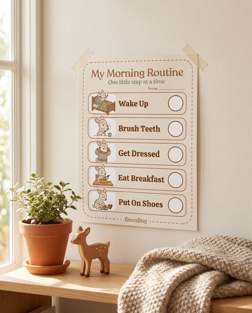 Fawnling morning routine chart printed and taped on a sunny wall with plant and toy