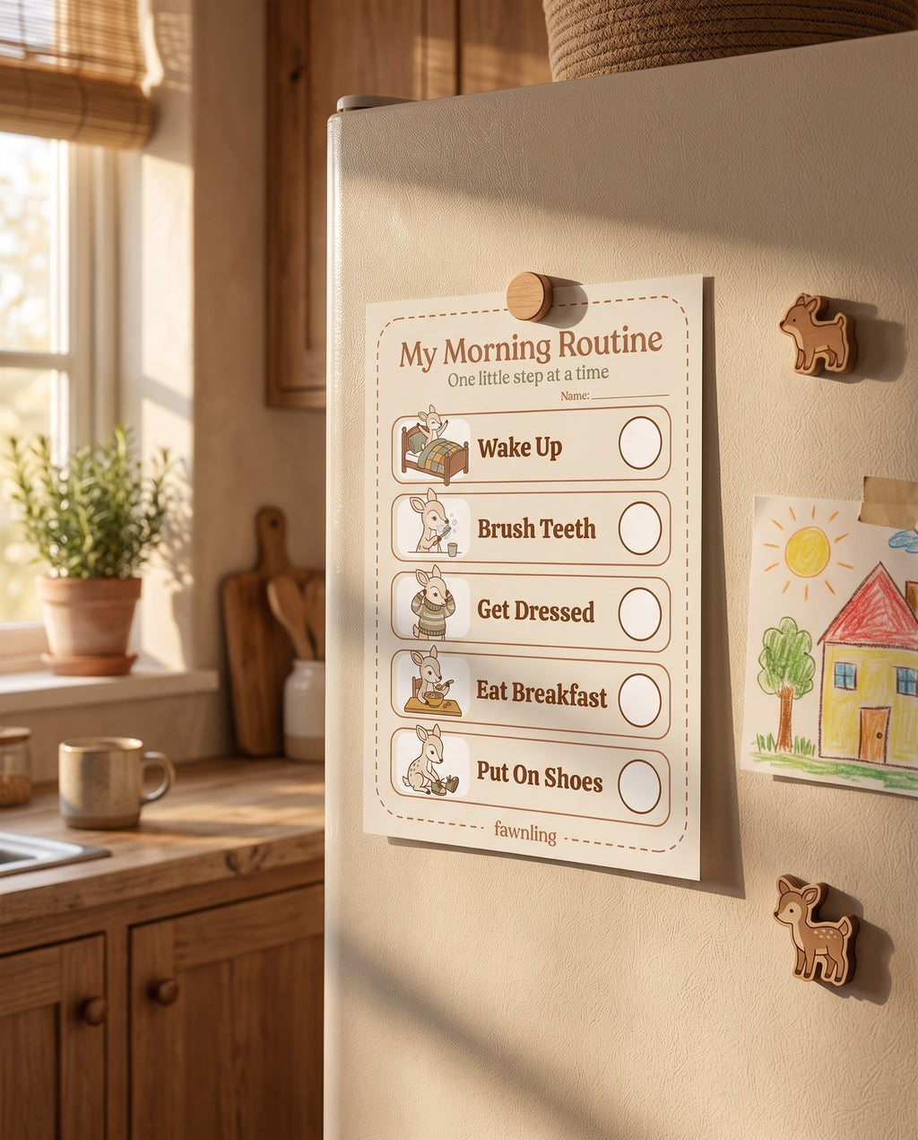 Fawnling morning routine chart held on a fridge with wooden fawn magnets in a sunny kitchen