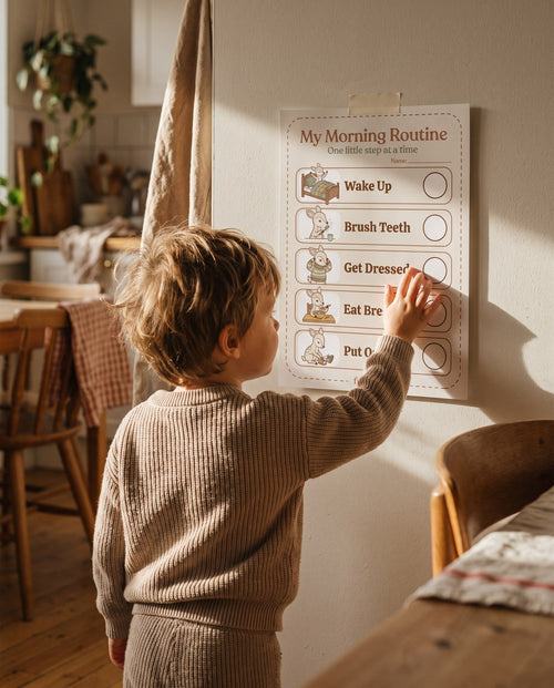 Young child checking a step on the Fawnling morning routine chart on the wall