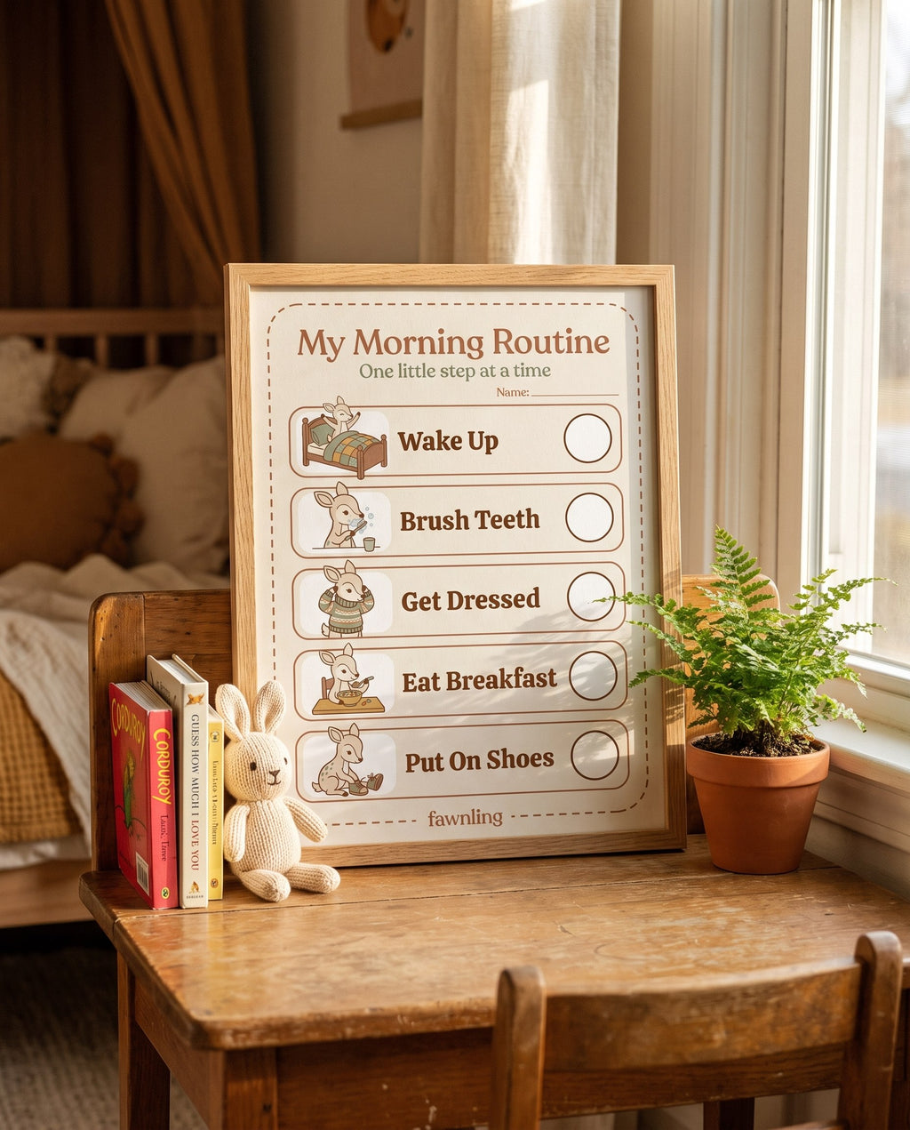 Fawnling morning routine chart framed on a child's shelf with books and a knitted bunny
