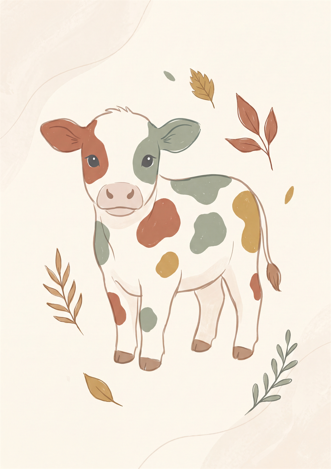 Boho baby calf printable nursery poster in muted rust and sage