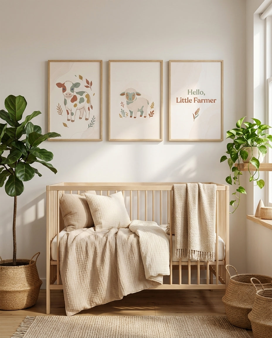 Farm boho nursery gallery wall, baby calf, lamb and Hello Little Farmer prints above a crib