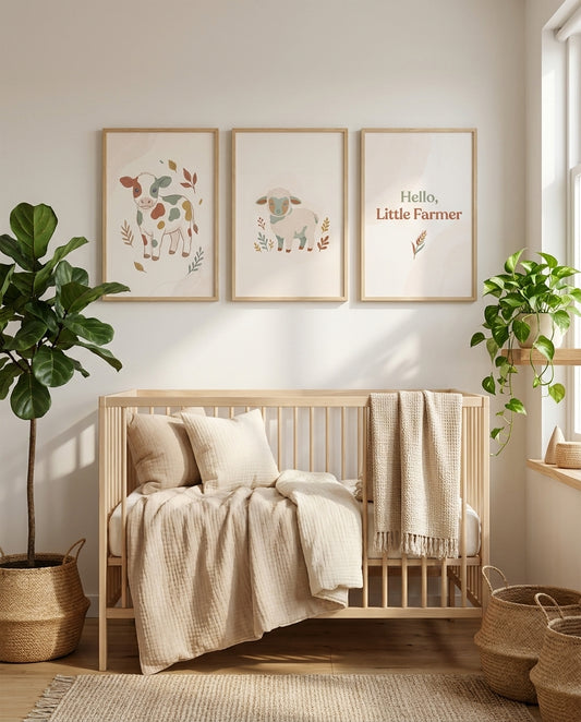 Farm boho nursery gallery wall, baby calf, lamb and Hello Little Farmer prints above a crib