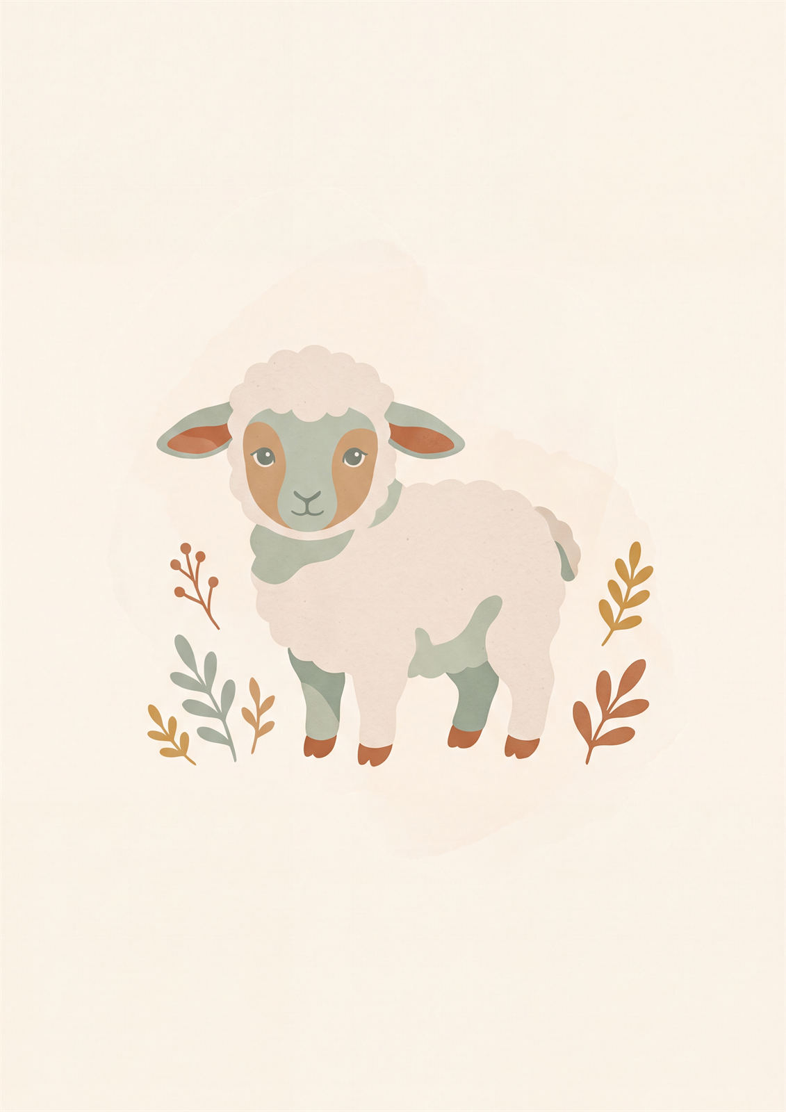 Boho fluffy baby lamb printable nursery poster in cream and sage