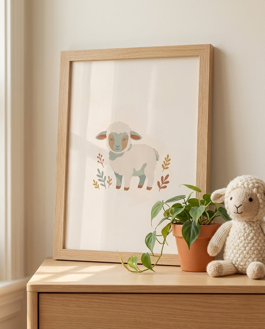 Farm nursery print leaning on a wooden dresser with a plant