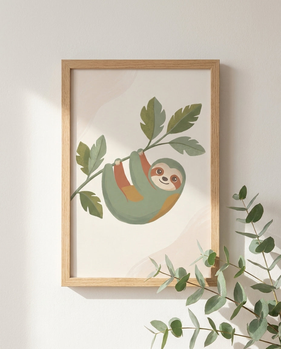 Jungle nursery print framed close up with eucalyptus