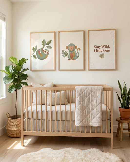 Jungle boho nursery gallery wall, baby sloth, monkey and Stay Wild Little One prints above a crib