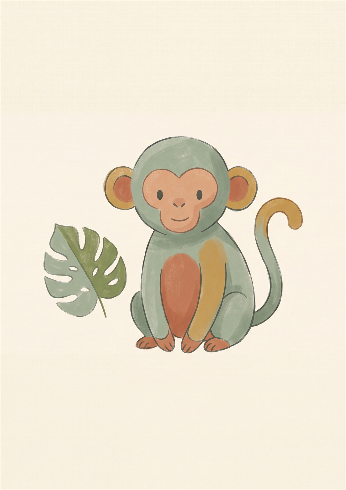 Boho baby monkey printable nursery poster with monstera leaf in sage and mustard