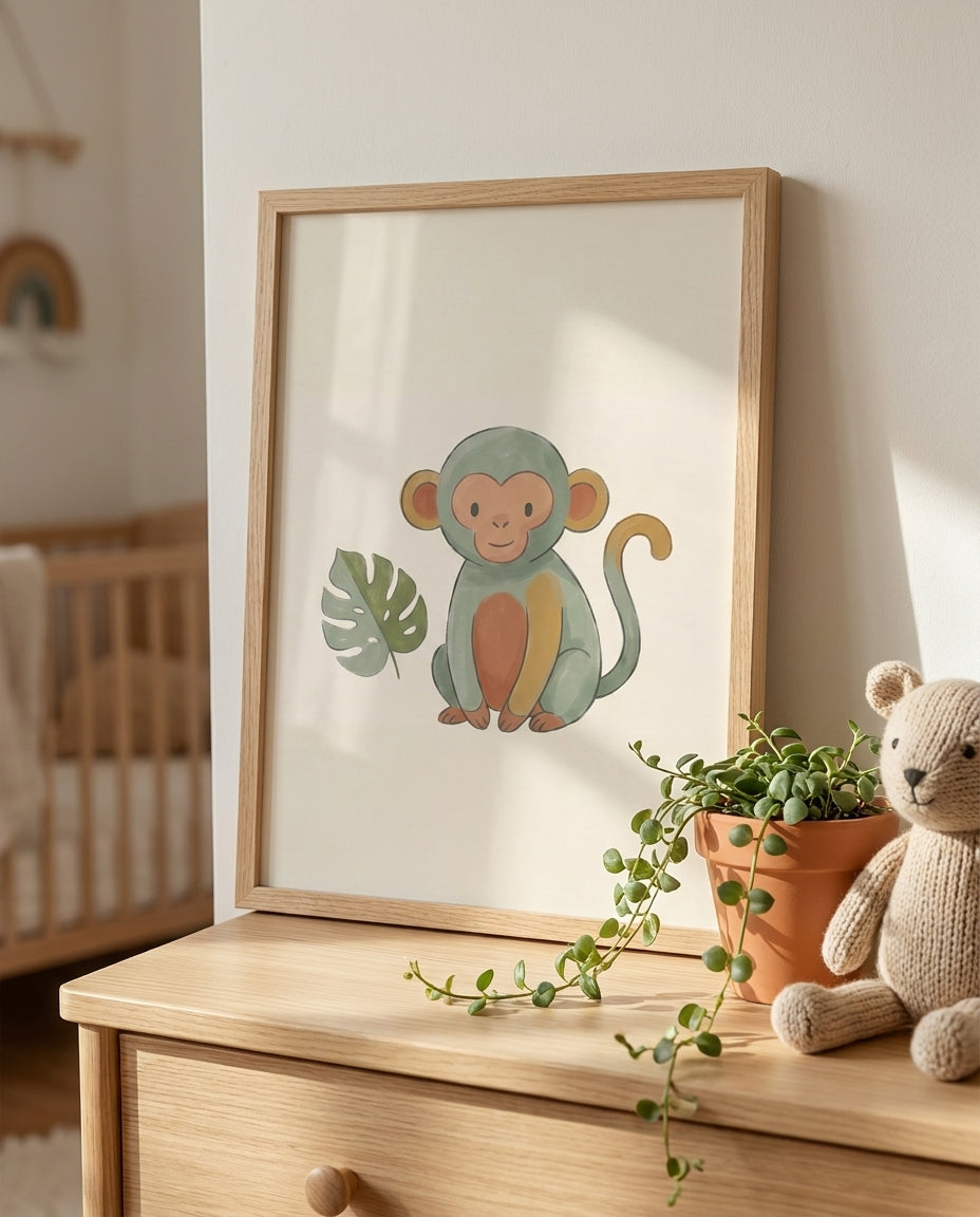 Jungle nursery print leaning on a wooden dresser with a plant