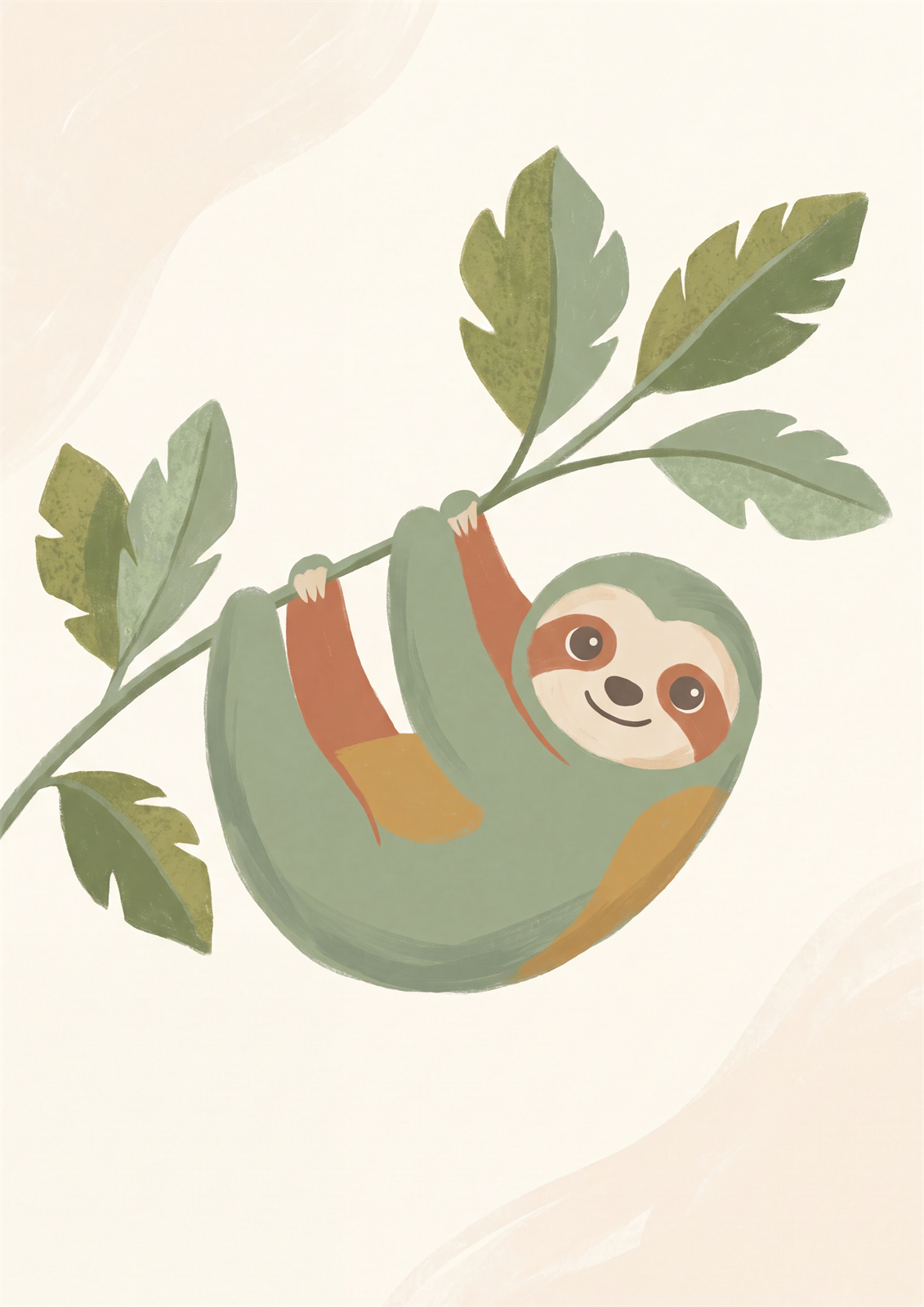 Boho baby sloth printable nursery poster in sage green and terracotta
