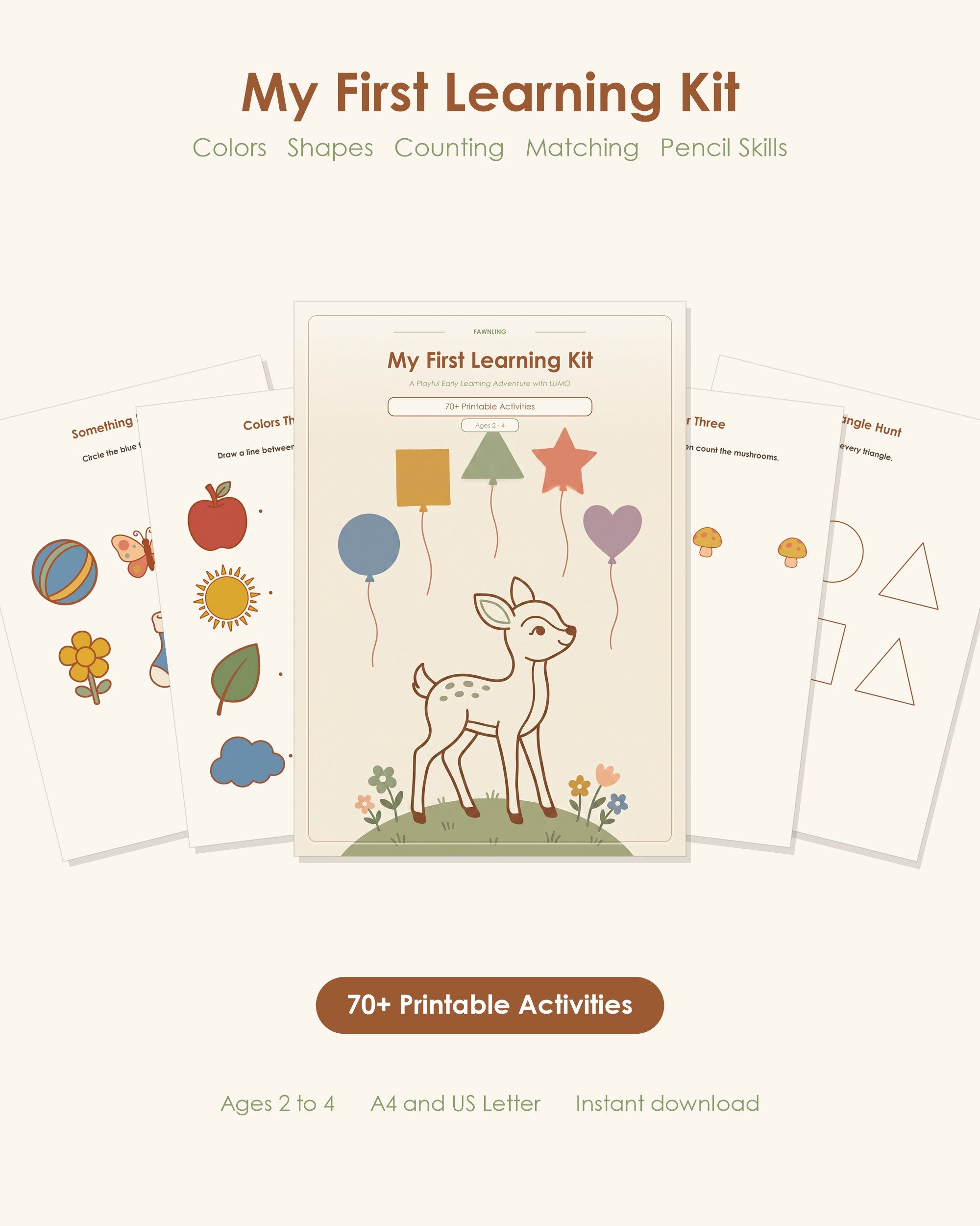 My First Learning Kit cover and sample pages, 70 plus printable activities for ages 2 to 4