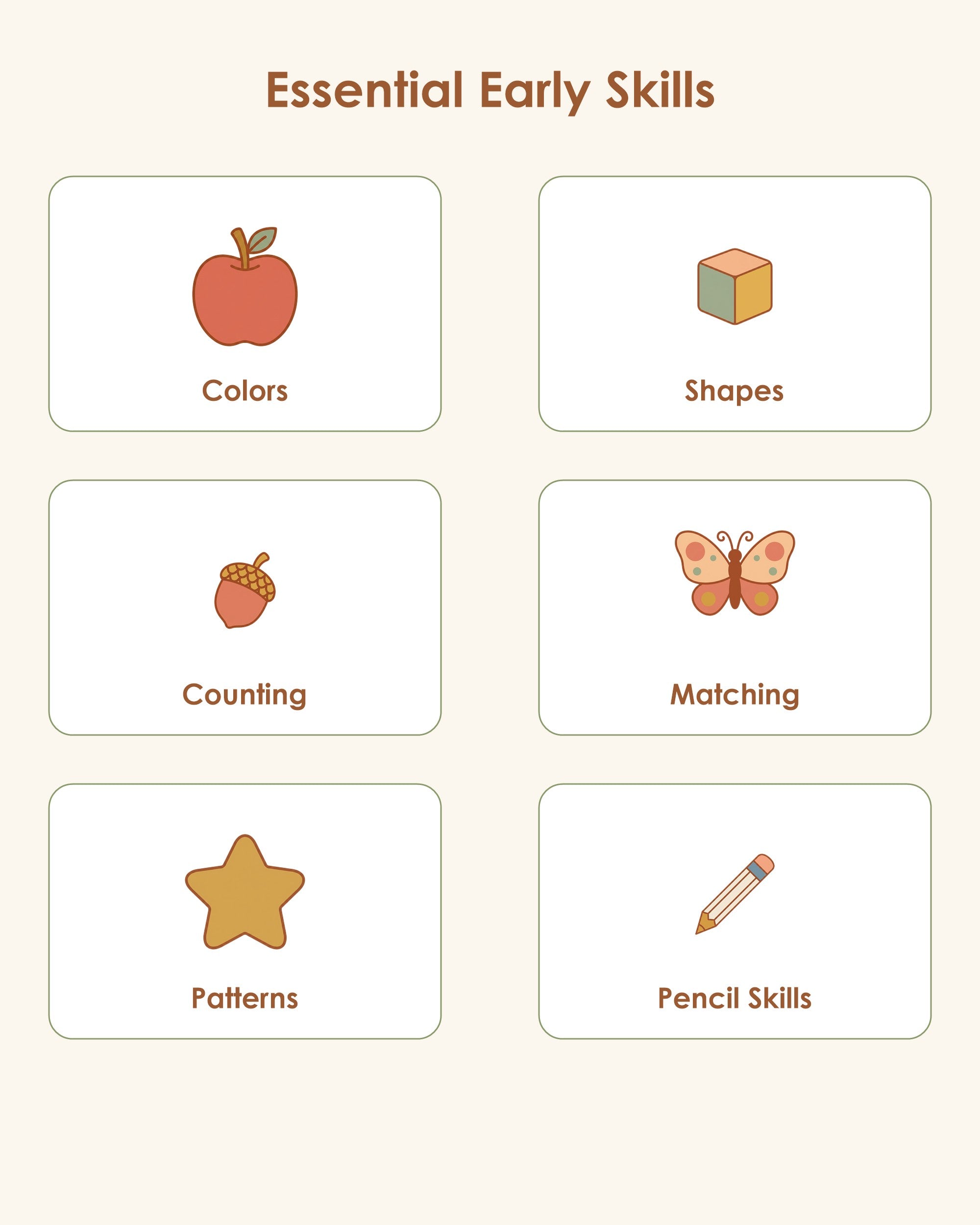 Early skills covered: colors, shapes, counting, matching, patterns and pencil skills