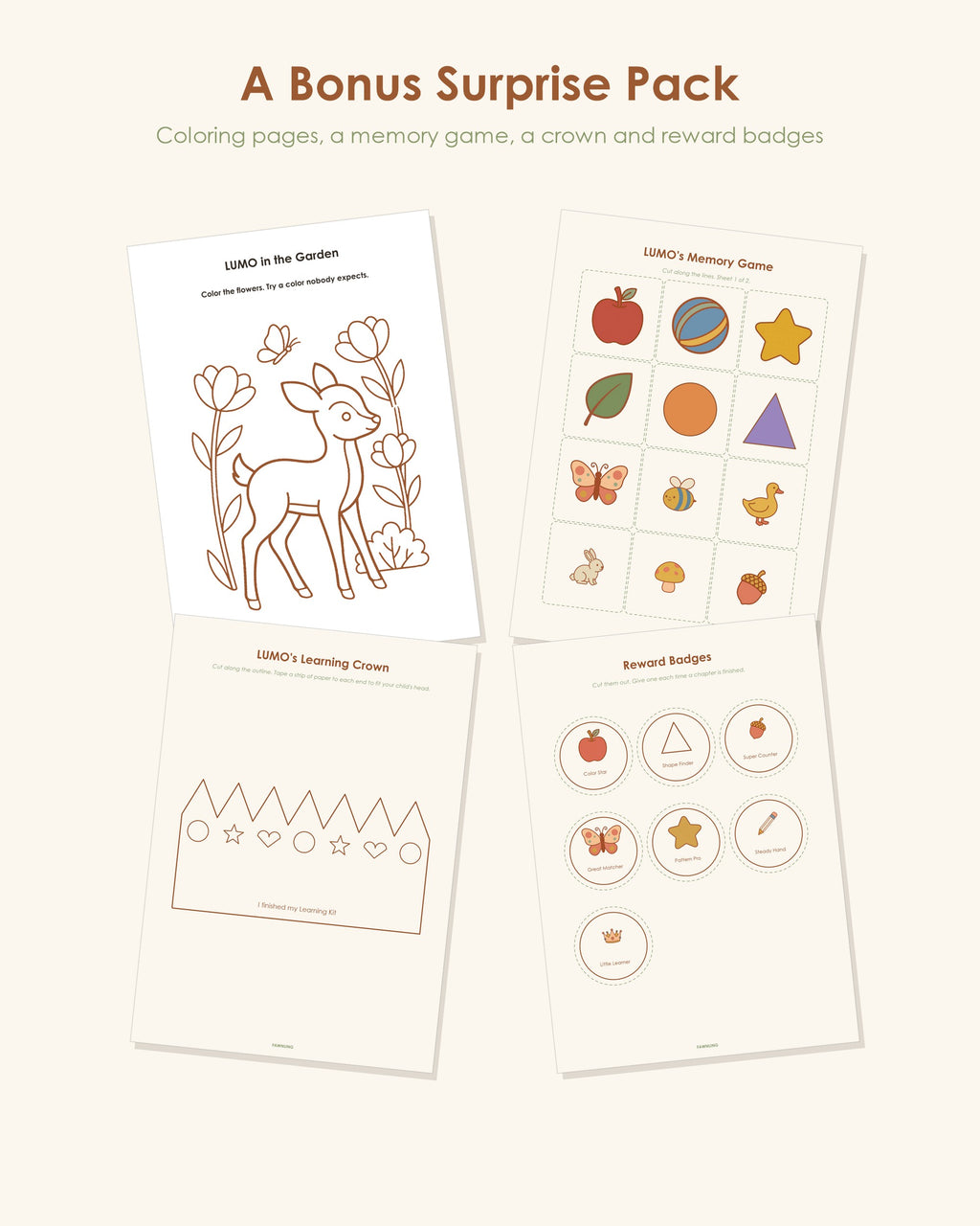 Bonus pages: coloring page, memory game, learning crown and reward badges