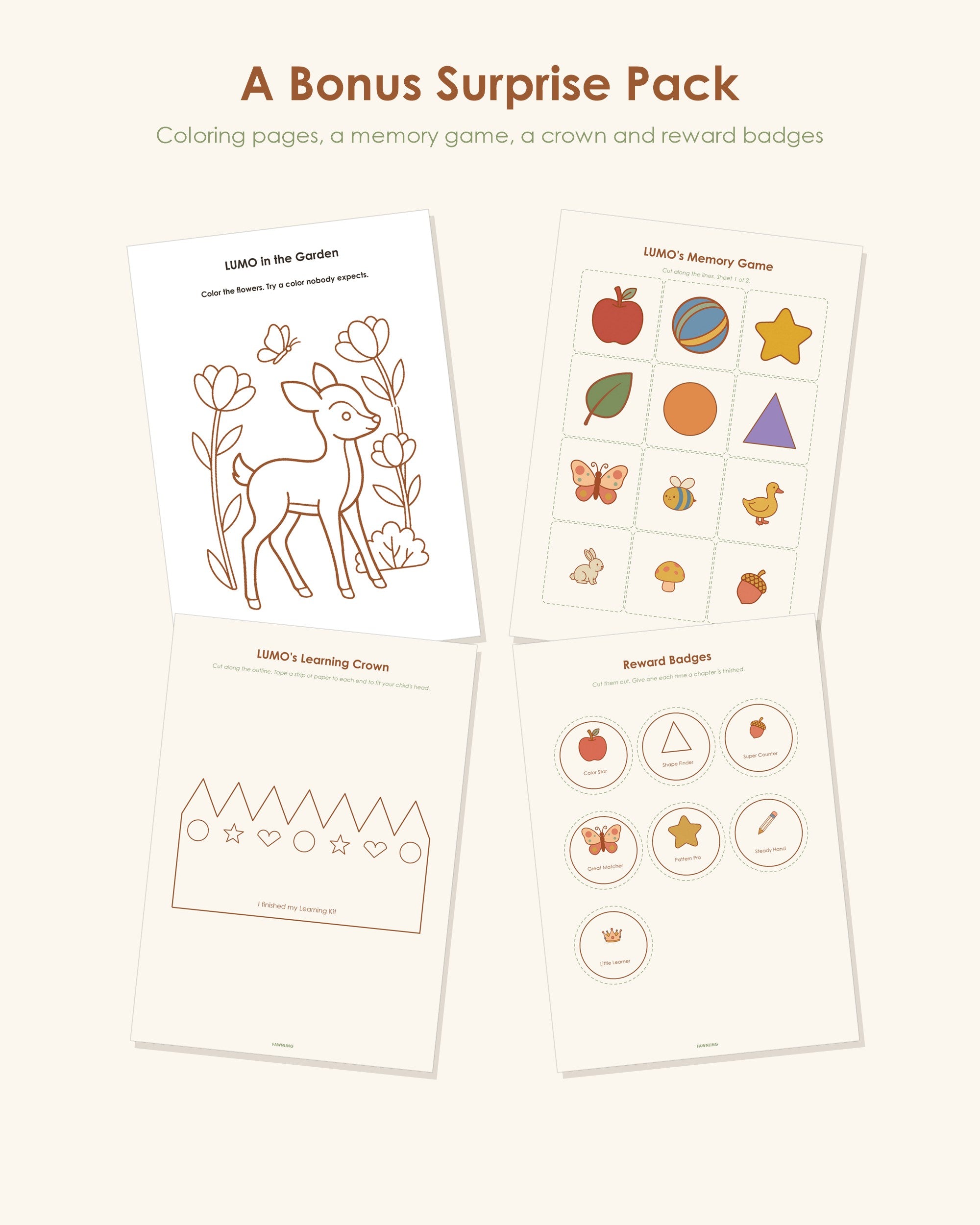 Bonus pages: coloring page, memory game, learning crown and reward badges