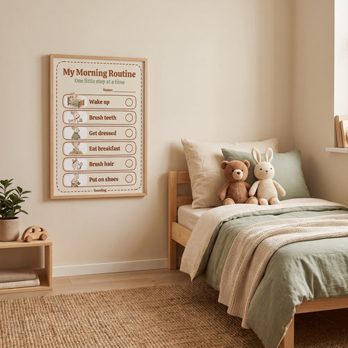 My Happy Routine Kit morning routine chart framed in a child's bedroom