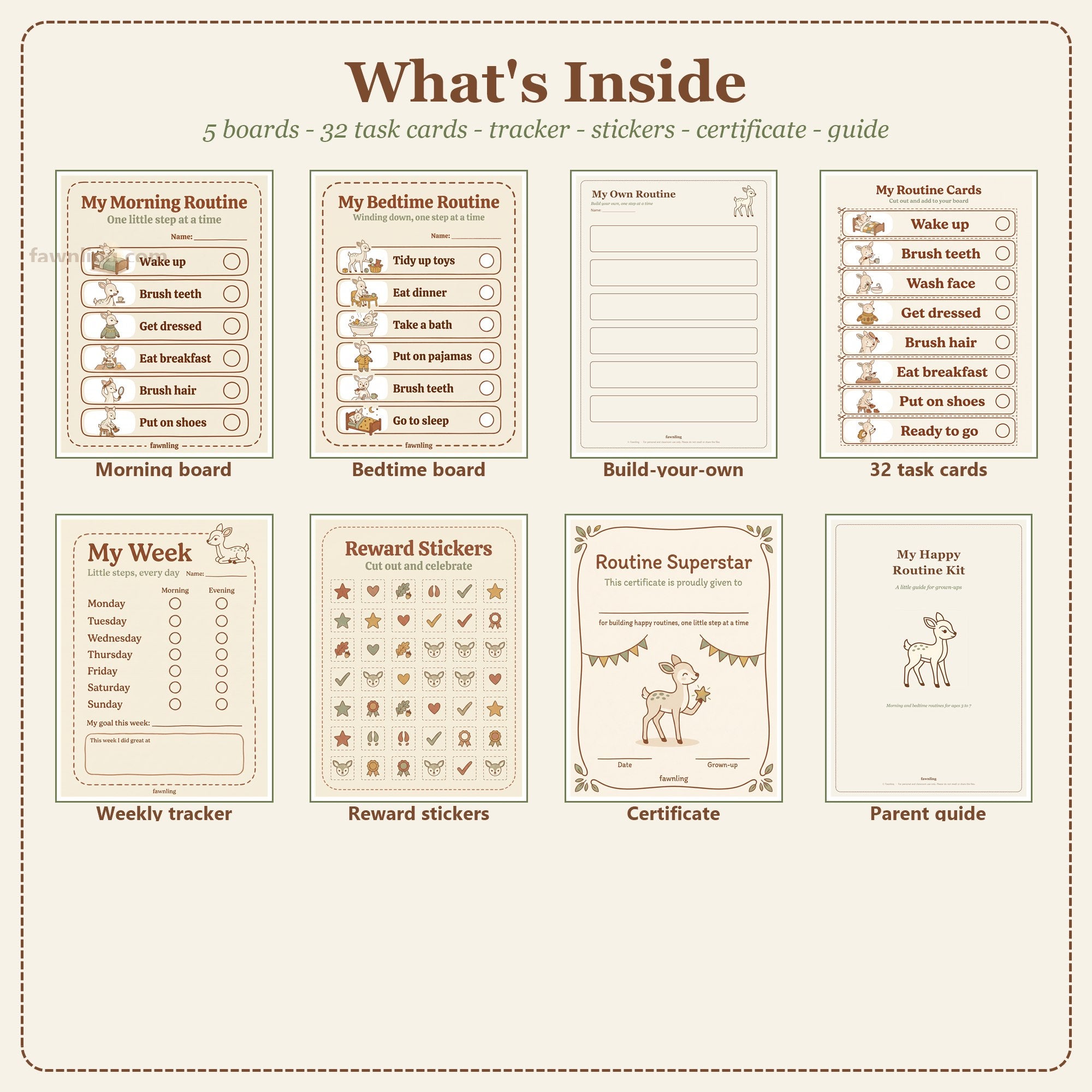 What is inside the My Happy Routine Kit: boards, cards, tracker, stickers, certificate and guide
