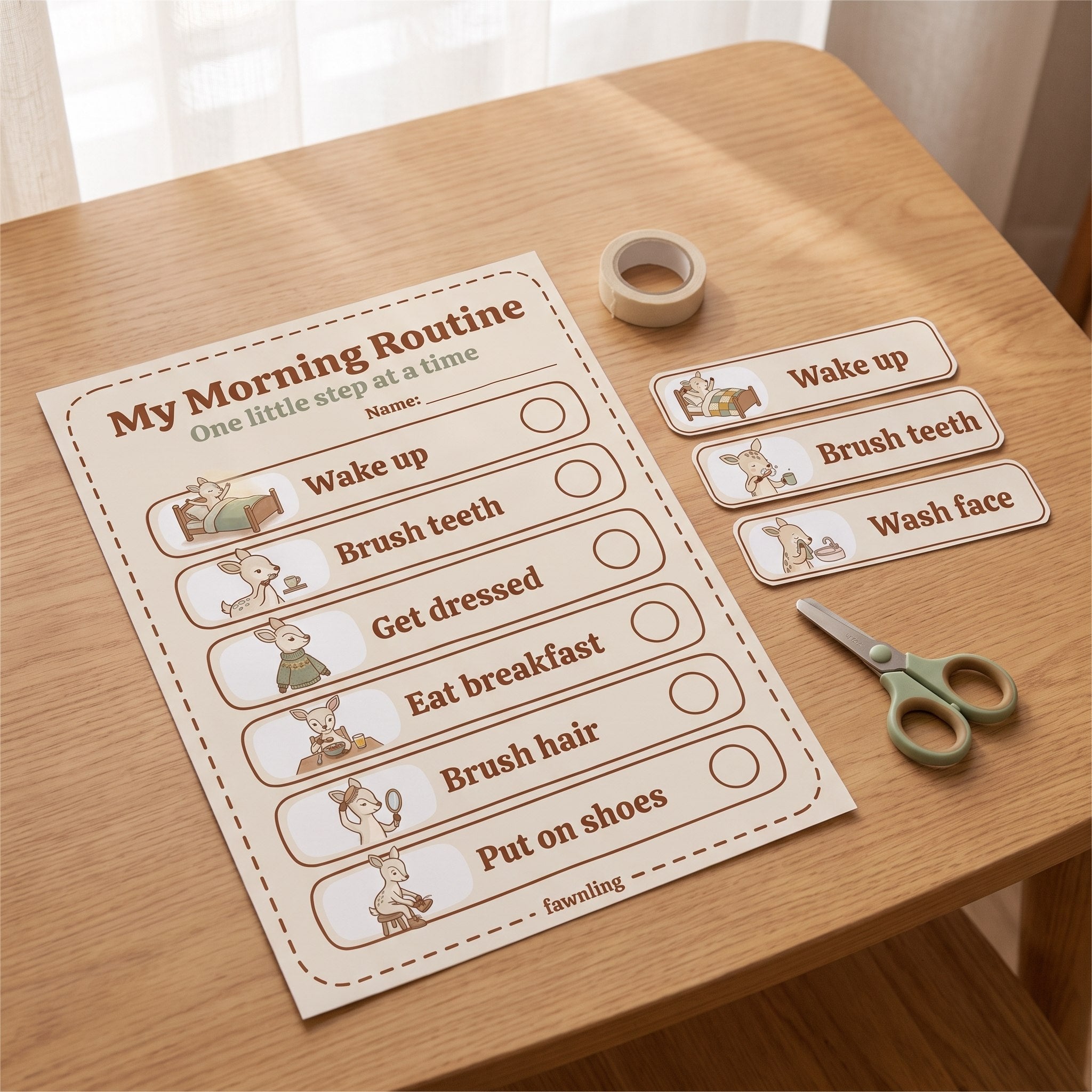 Routine chart with cut-out task cards, scissors and tape in use