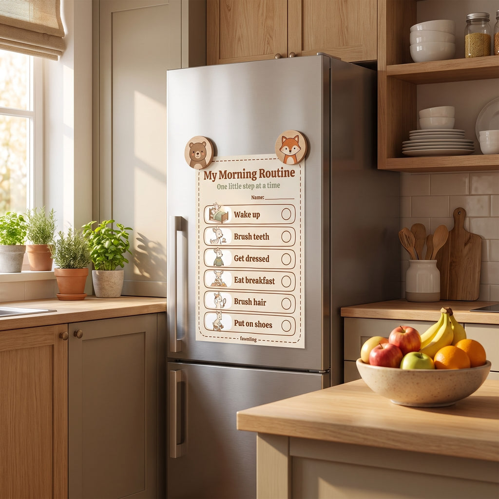 Printable routine chart held on a family fridge with magnets