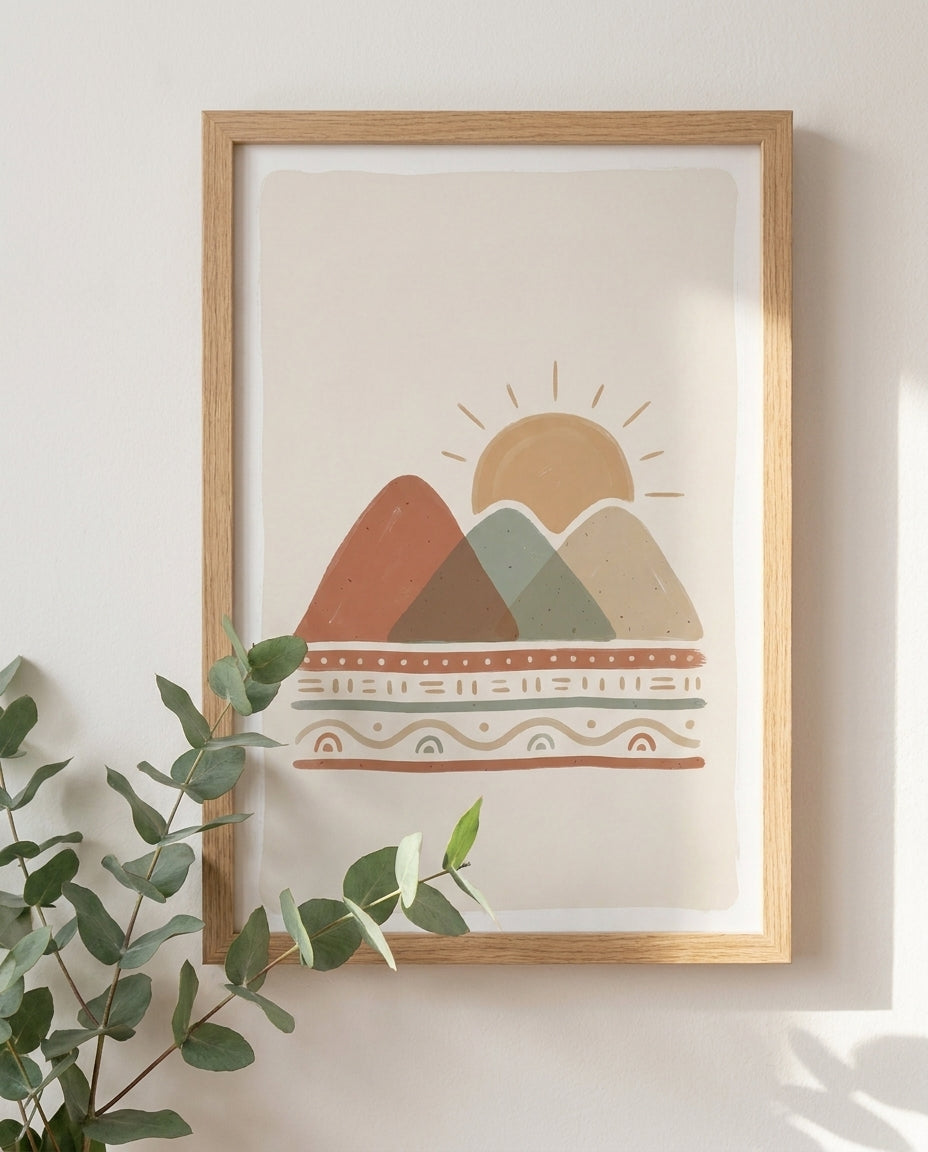 Mountain range nursery print framed close-up with eucalyptus