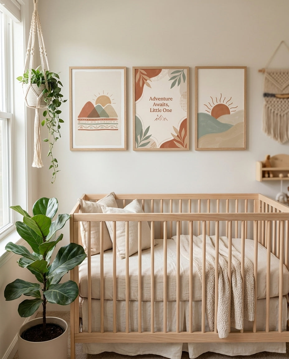 Mountain adventure boho nursery gallery wall, mountains sun and Adventure Awaits prints above a crib
