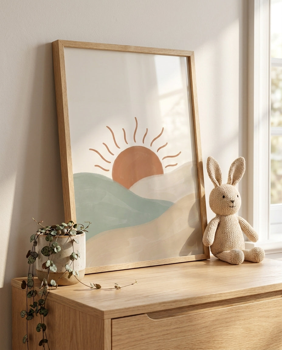 Mountain sun nursery print leaning on a wooden dresser with a plant