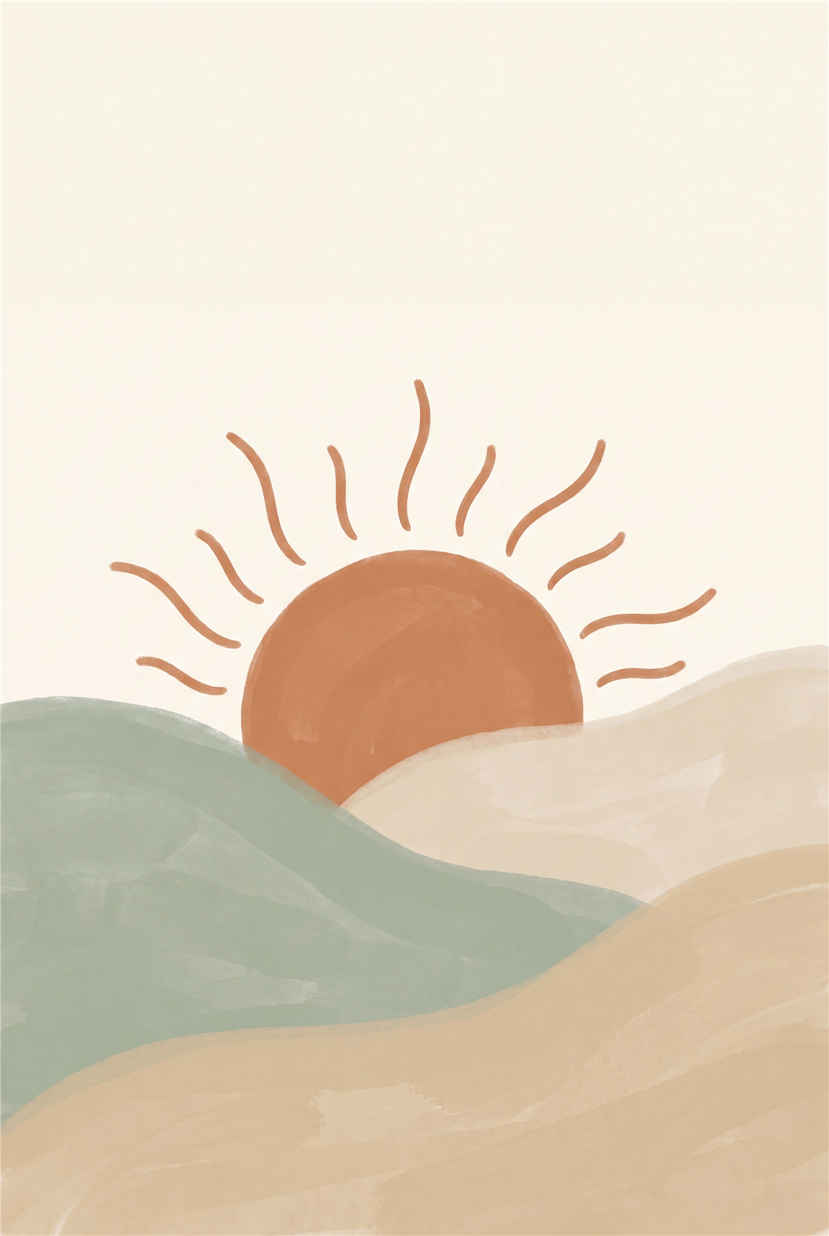 Boho rising sun over hills printable nursery poster in terracotta and sage