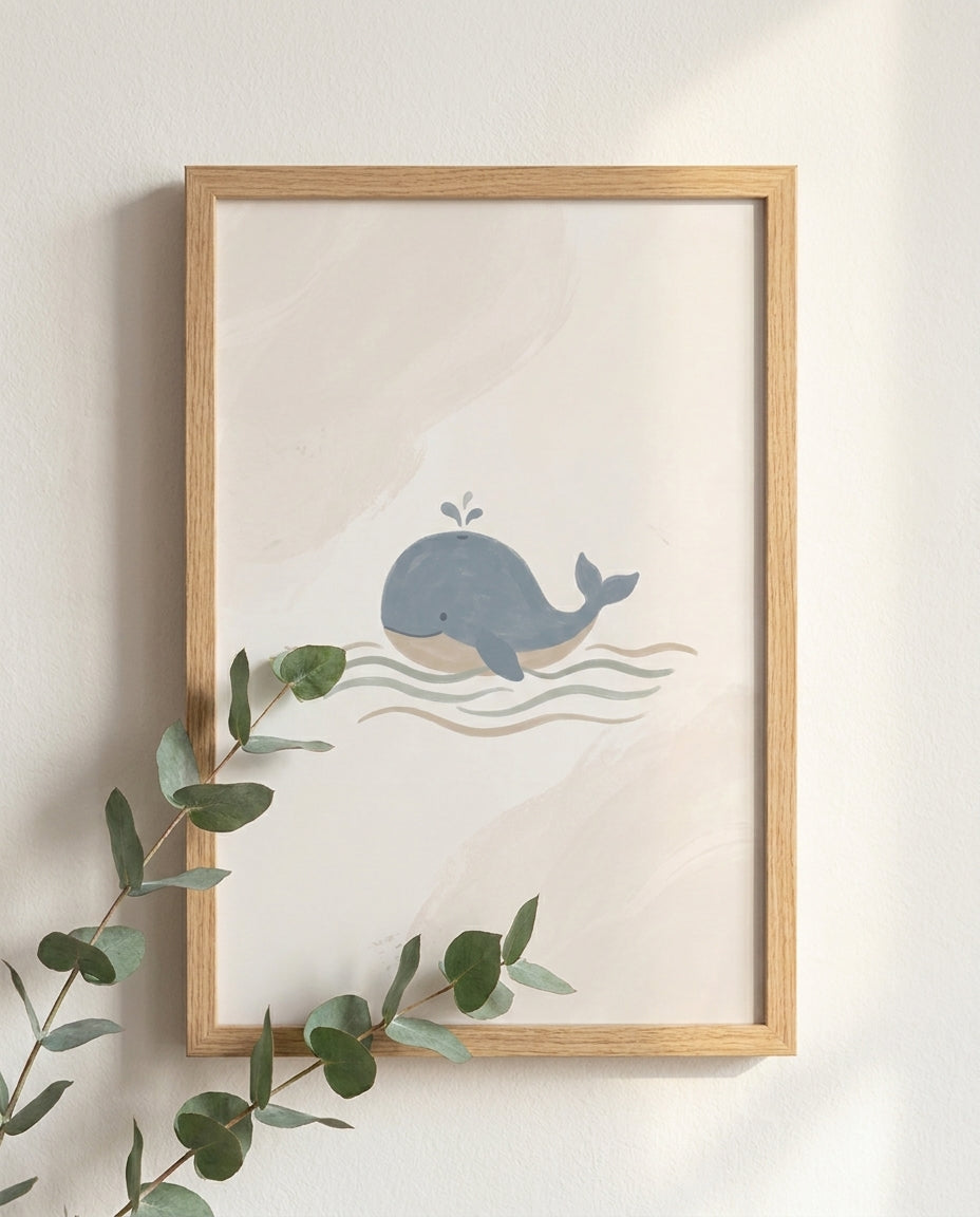 Ocean whale nursery print framed close-up with eucalyptus