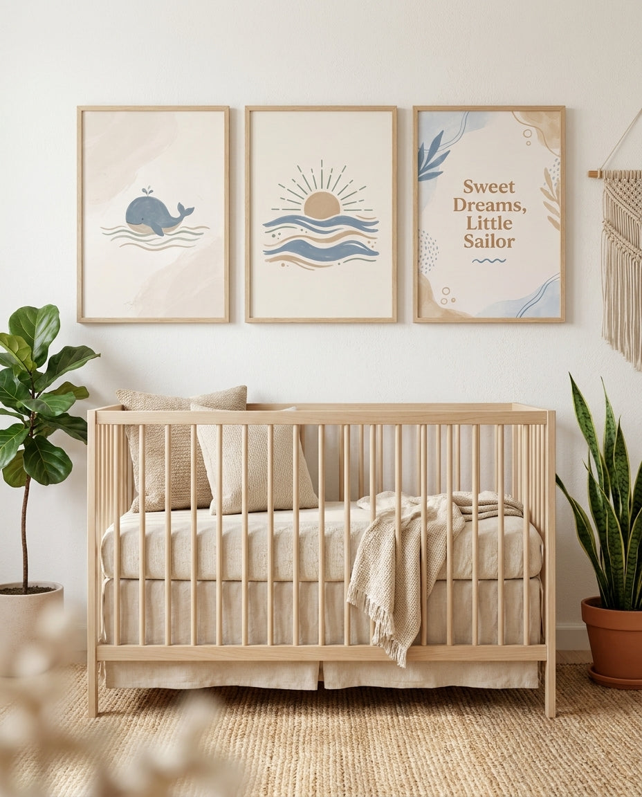 Ocean coastal boho nursery gallery wall, whale waves and Sweet Dreams prints above a crib