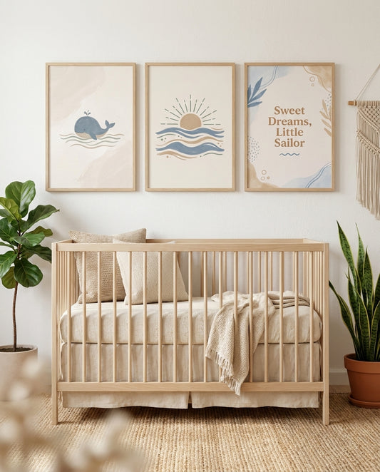 Ocean coastal boho nursery gallery wall, whale waves and Sweet Dreams prints above a crib