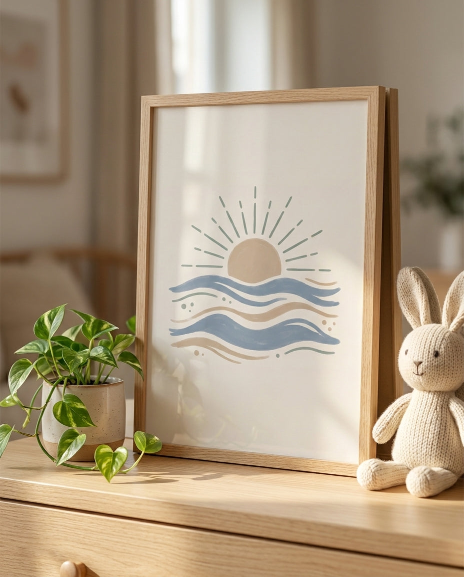 Ocean waves nursery print leaning on a wooden dresser with a plant