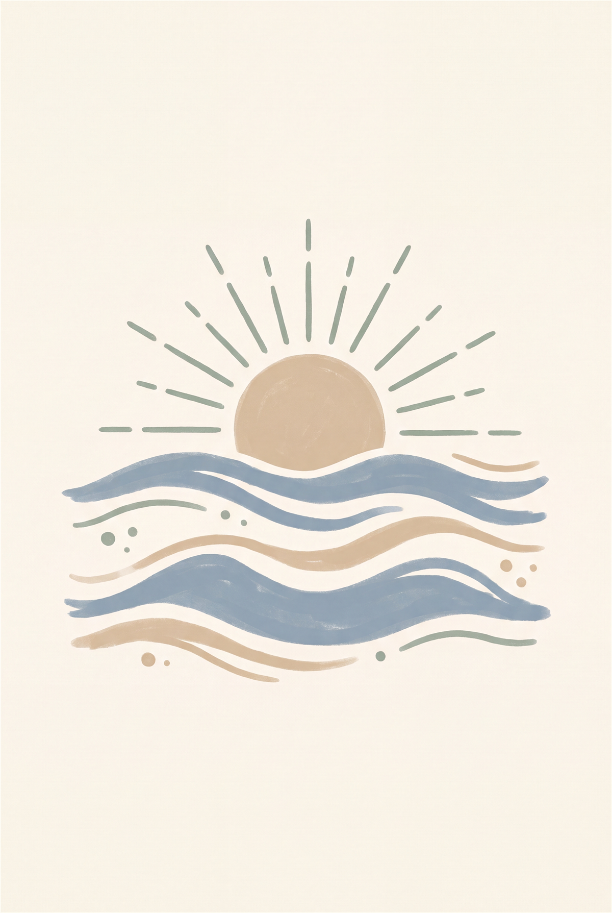 Boho ocean waves and sun printable nursery poster in dusty blue and sand