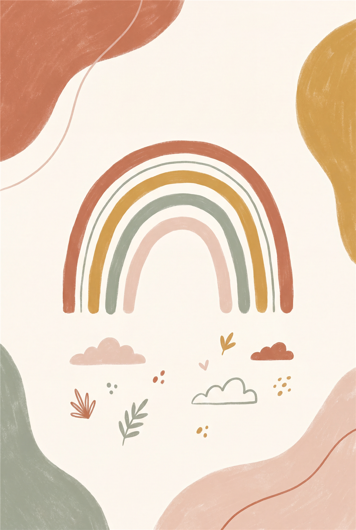 Muted boho rainbow printable nursery poster in terracotta mustard and sage