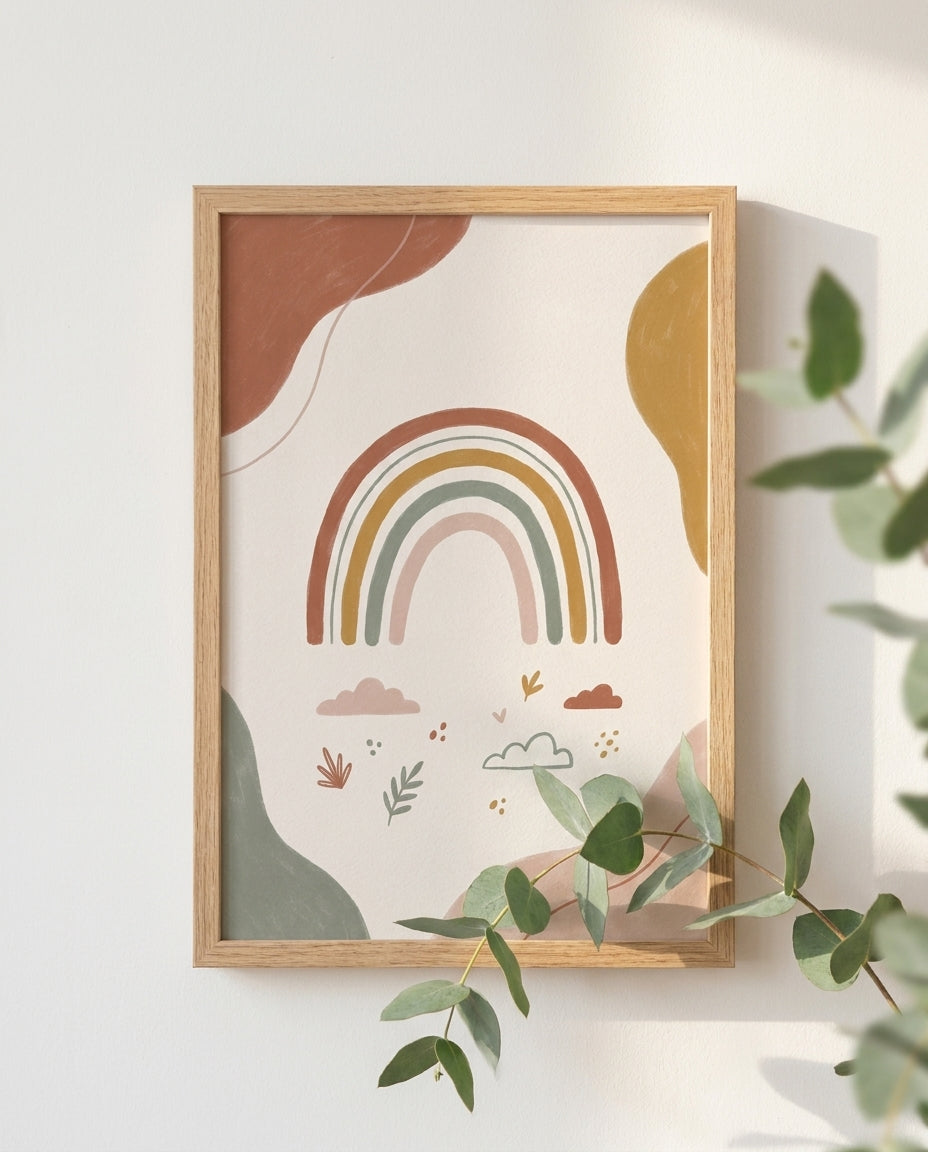 Boho rainbow nursery print framed close-up with eucalyptus