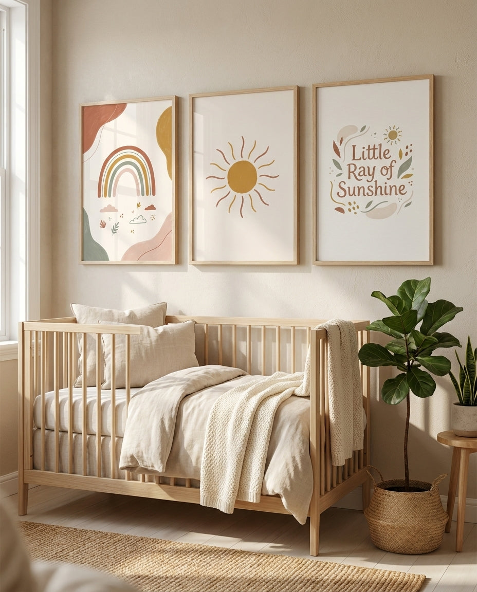 Boho rainbow nursery gallery wall, rainbow sun and Little Ray of Sunshine prints above a crib