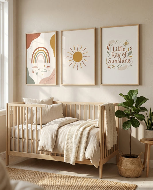 Boho rainbow nursery gallery wall, rainbow sun and Little Ray of Sunshine prints above a crib