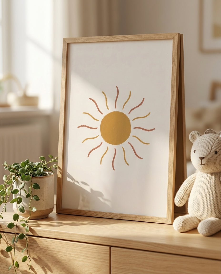 Boho sun nursery print leaning on a wooden dresser with a plant